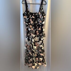 NWT Lulus Elite Cutie Black Mesh 3D Floral Embroidered Midi Dress; Size L
